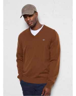 GANT Pull Droit Col V Brodé En Laine - Marron