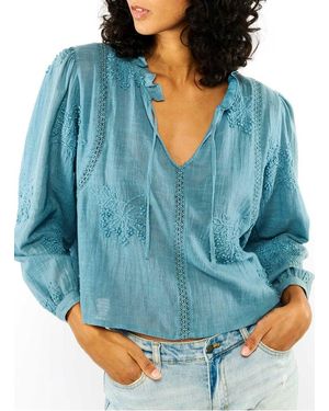 Wild Top Droit Col Tunisien En Coton Brodé Femme - Bleu
