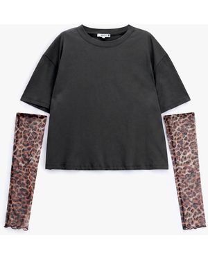 Please T-Shirt Manches Courtes Avec Gants Amovibles Léopard - Noir