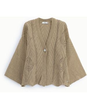 Please Cardigan Ajouré Manches Trois-Quarts Bouton Bijou - Neutre