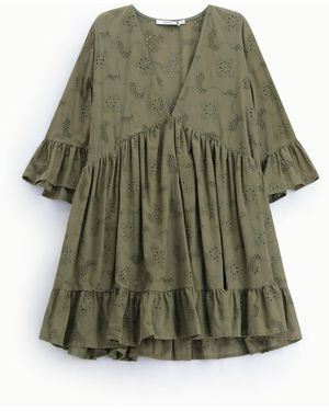Please Robe Courte Ample À Manches Volantées Et Broderie Ajourée - Vert
