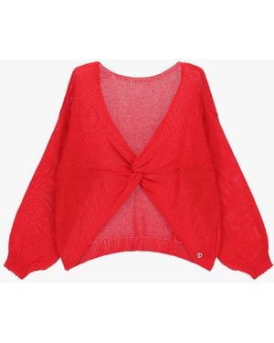 Please Cardigan Noué Devant Manches Longues V-Neck - Rouge