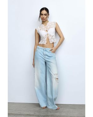 Please Jeans Baggy A Gamba Larga Con Strappi - Blu