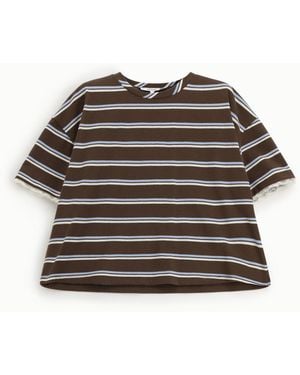 Please T-Shirt Ample Rayé Avec Bord Dentelle Manches - Multicolore