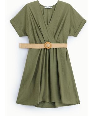 Please Robe Courte En Lin Mélangé À Ceinture Tressée - Vert