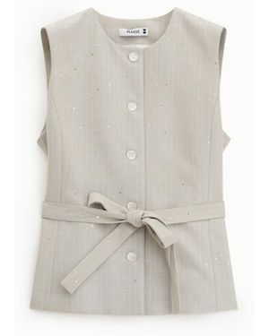 Please Gilet Fines Rayures Avec Ceinture Et Boutons - Blanc