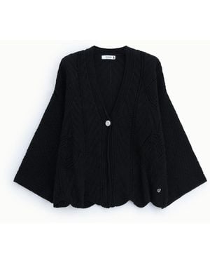 Please Cardigan Ajouré Manches Trois-Quarts Bouton Bijou - Bleu