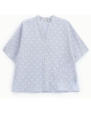 Please Chemise Rayée Col Mao Manches Courtes - Bleu