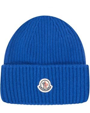 Moncler Cashmere Blend Classic Logo Beanie - Blue