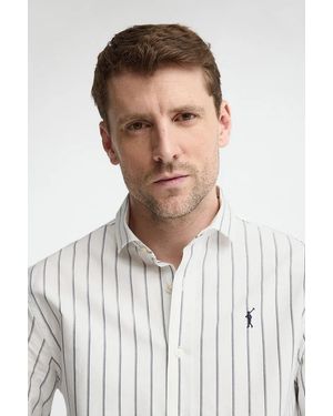 POLO CLUB Camicia A Righe Ecrù E Blu Marino Con Collo Italiano, Regular Fit Con Ricamo Rigby Go - Bianco
