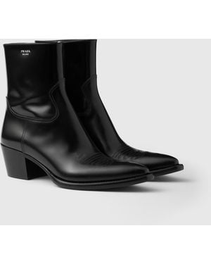 Prada Brushed Leather Booties - Black