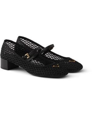 Prada Bailarinas De Tela De Malla Con Tacón Bajo, Mujer, Talla - Negro