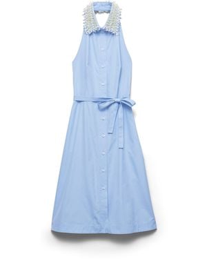 Prada Vestido Camisero Amplio De Popelín Bordado, Mujer, Talla - Azul