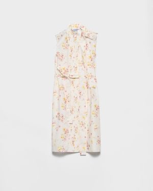 Prada Pleated Floral-Print Poplin Dress - White