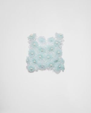 Prada Guipure Top With Dahlia Embroidery - Blue