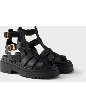 Prada Leather Sandals With Ankle Straps - Black
