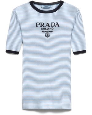 Prada Jersey De Seda A Rayas Con Cuello Redondo, Mujer, Talla - Azul