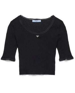 Prada Camiseta Corta De Algodón De Punto Acanalado, Mujer, Talla - Negro