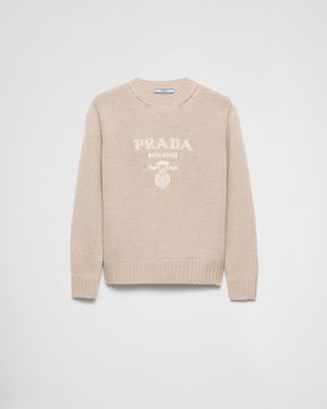 Prada Cashmere And Wool Logo Crew-Neck Jumper - Natural