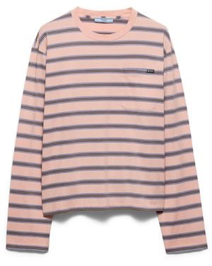 Prada Camiseta De Punto De Algodón Con Rayas Y Manga Larga, Mujer, Talla - Blanco