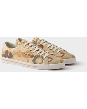Prada Laced Floral Print Canvas Sneakers - Natural