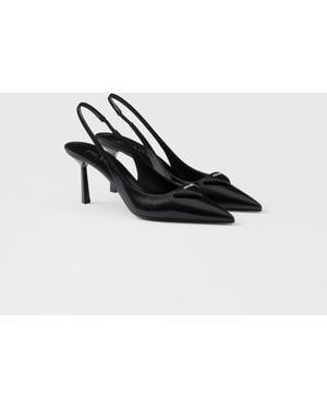 Prada Brand-plaque Slingback Heeled Brushed-leather Pumps - Black