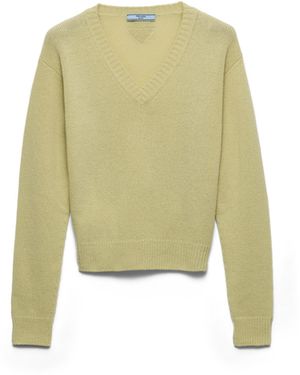 Prada Jersey De Lana Y Cachemir Con Cuello De Pico, Mujer, Talla - Verde