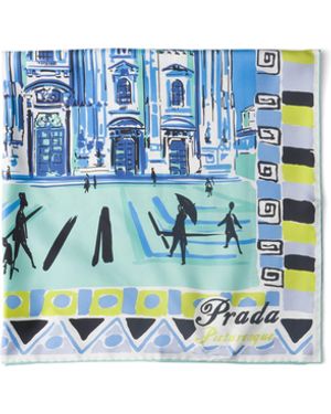 Prada Pañuelo De Seda Con Estampado Pittoresque Milan 90, Mujer - Azul