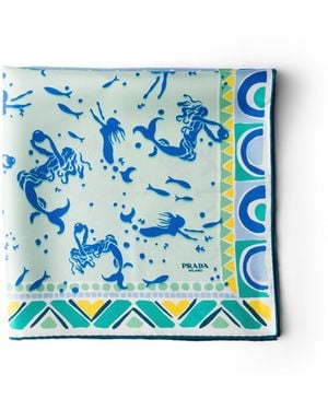 Prada Pañuelo De Sarga De Seda Estampada 55 Mujer - Azul