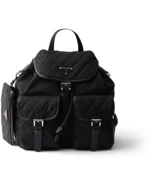 Prada Mochila Mediana Acolchada De Re-Nylon Con Ribetes De Piel Saffiano, Mujer - Negro
