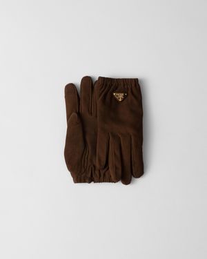 Prada Suede Gloves, Size 6,5 - Brown