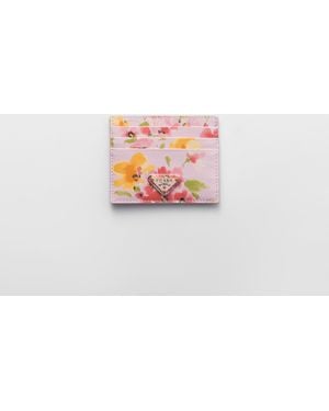 Prada Floral-Print Saffiano Leather Card Holder - White