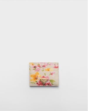 Prada Floral-Print Saffiano Leather Card Holder - White