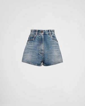 Prada Shorts Denim Con Logo A Triangolo - Blu