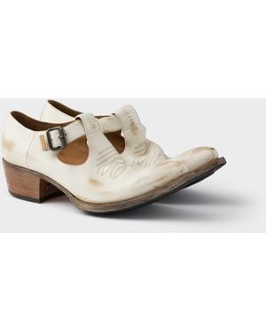 Prada Antiqued Leather Shoes With Buckle - White