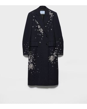 Prada Embroidered Double-Breasted Rush Stitch Wool Coat - Blue
