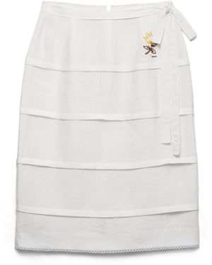 Prada Falda De Lino Flameado Bordada, Mujer, Talla - Blanco
