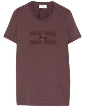 Elisabetta Franchi T-Shirt A Maniche Corte Con Logo Ricamato - Viola