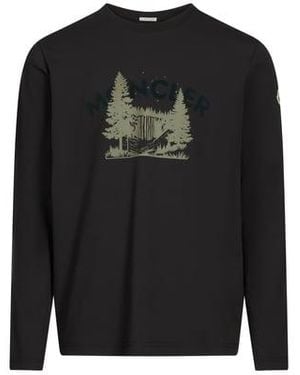 Moncler T-Shirt Col Rond À Manches Longues En Coton - Noir
