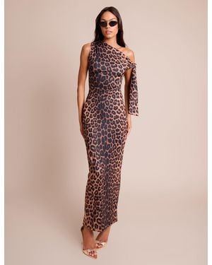 Public Desire Knot Detail Asymmetric One Shoulder Luxe Slinky Maxi Dress Leopard - Natural