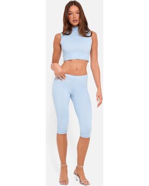 Public Desire Hotfix High Waist Luxe Slinky Capri Trousers Blue - White
