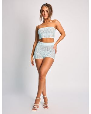 Public Desire Textured High Waisted Micro Shorts Co Ord Blue - Multicolour