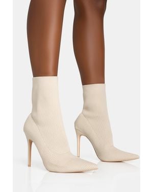 Public Desire Mirival Off White Knitted Stiletto Sock Pointed Toe Ankle Boots - Natural