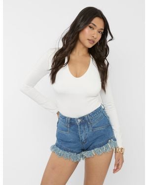 Public Desire High Waist Frayed Denim Shorts Light Blue