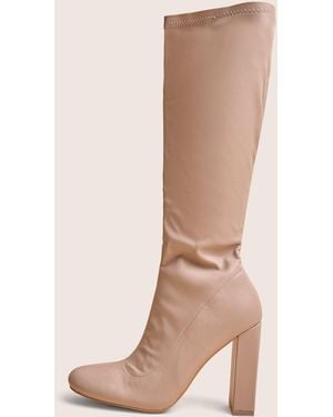 Public Desire Christina Wide Fit Nude Pu Pointed Toe Block Heel Knee High Boots - Natural