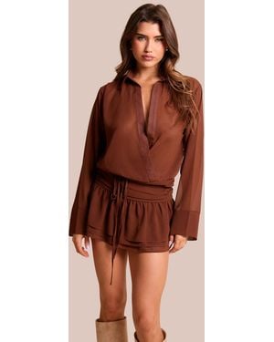 Public Desire Plunge Neck Long Sleeve Ruffle Hem Mini Dress Brown