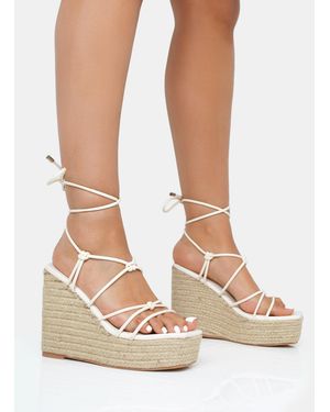 Public Desire Islander Ecru Lace Up Square Toe High Heeled Sandal Esparille Wedges - Natural