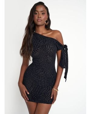 Public Desire Knot Detail Asymmetric One Shoulder Leopard Devore Mini Dress Black - Blue
