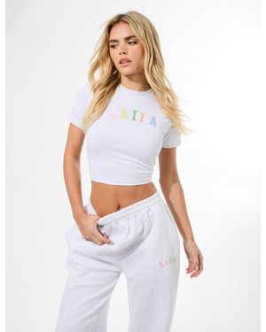 Public Desire Kaiia Rainbow Logo Baby Tee Light Grey Marl - White