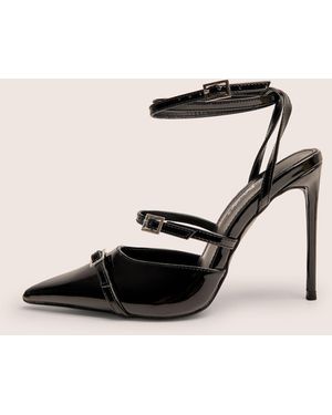 Public Desire Viper Black Three Strap Buckle Detail Court Heels